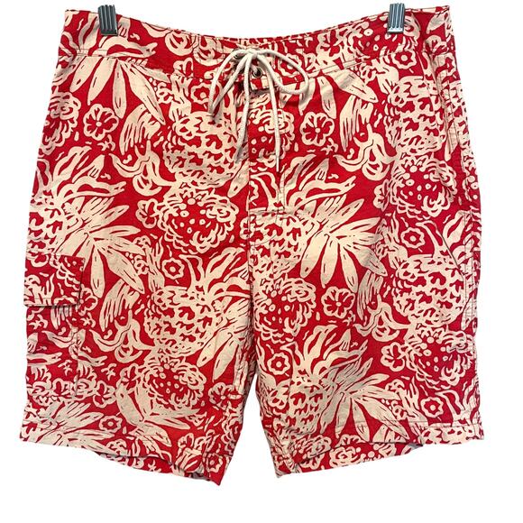 J. Crew Watermelon Red Tropical Swim Trunks Mens Size 32 Cargo Board Shorts - Picture 1 of 9